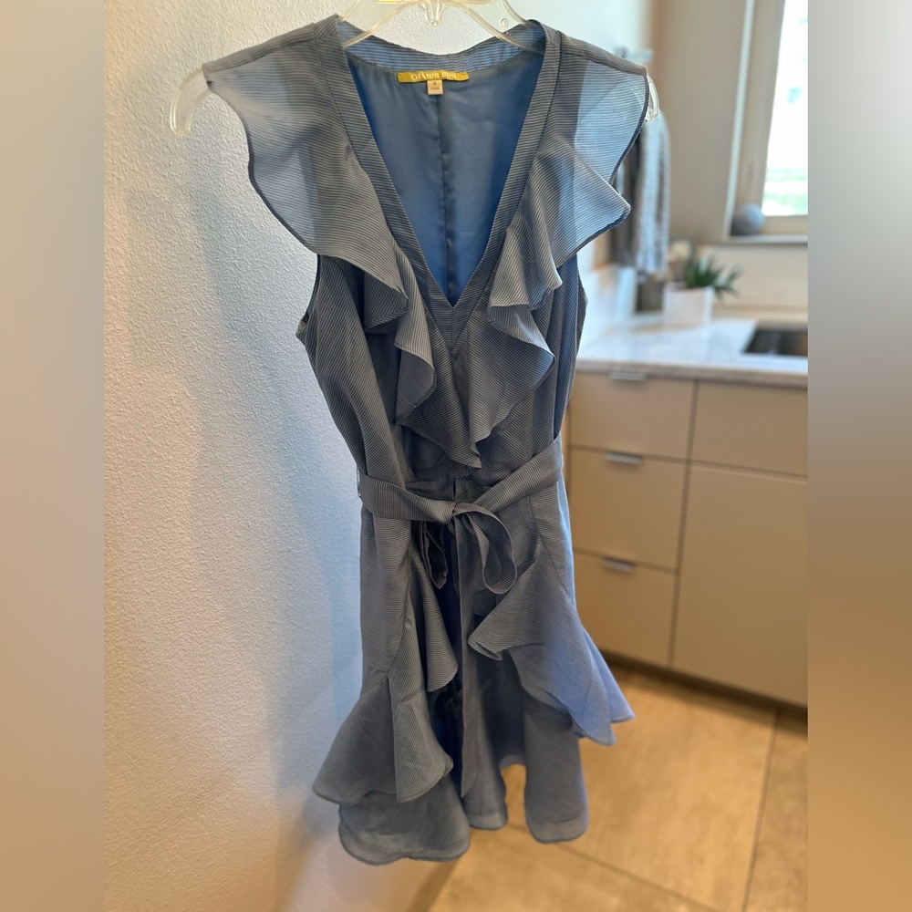 Gianni Bini Blue Pin Stripe ruffled faux wrap Fit and Flare dress Size 4
